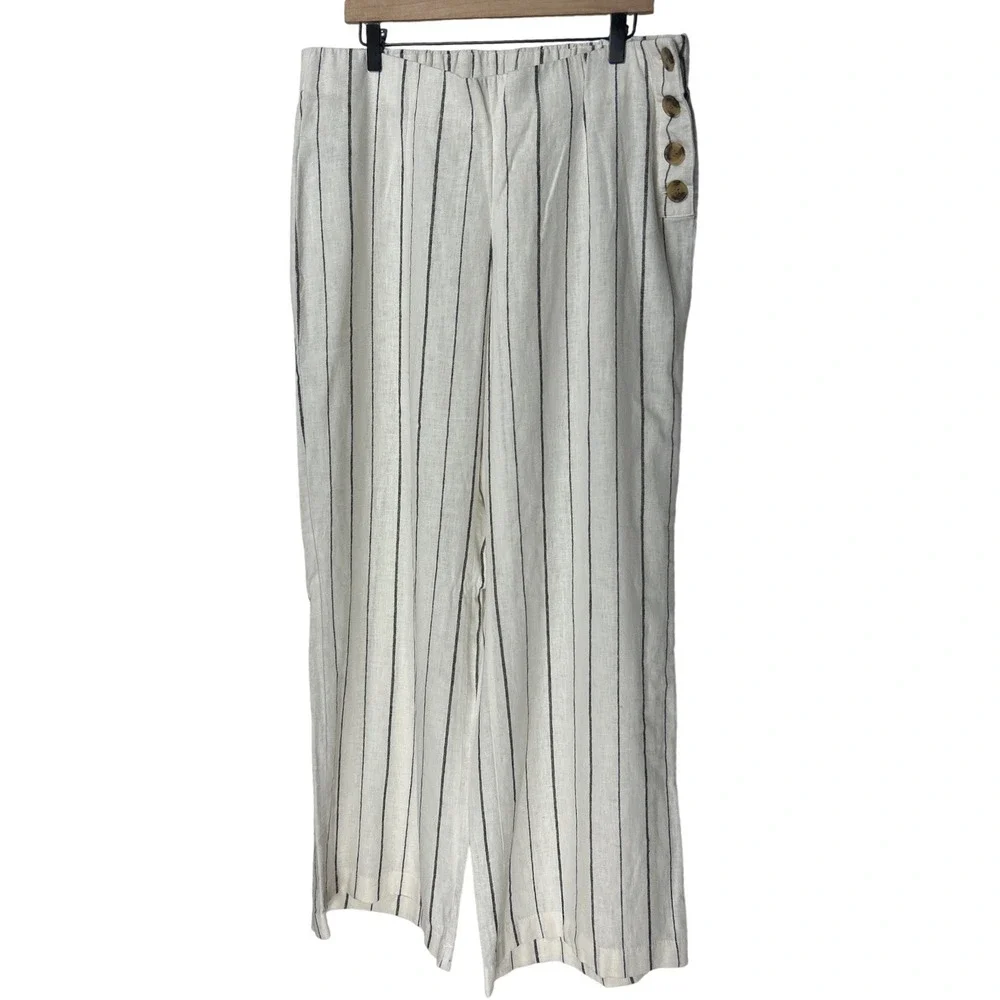 Gap High Rise Linen Blend Trousers Side Button Wide Leg Ivory Stripe Size 18 EUC